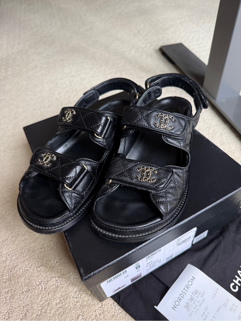 Authentic CHANEL Black Quilted caviar Leather Logo dad Sandals 38 8 - Picture 12 of 13